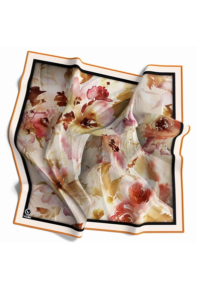 Rayon Sulu Boyalı Çiçek Desenli Taba Renkli 90x90 Eşarp (İpek İçermez) Kenar Dikiş Şekli El Dikişli ürün görseli 1