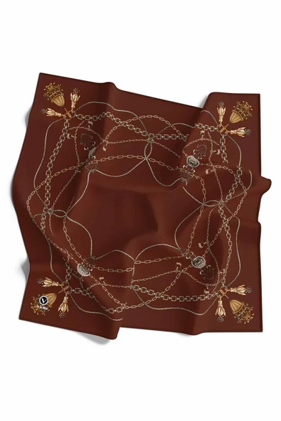 Kristal Geometrik Desenli Taba Renkli 90x90 Eşarp (İpek İçermez) Kenar Dikiş Şekli El Dikişli ürün görseli 1