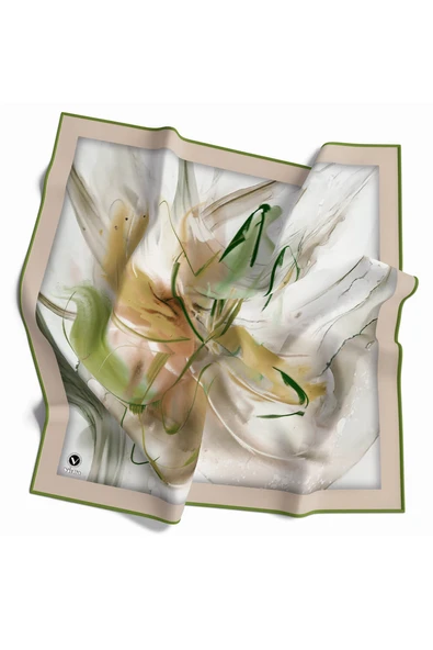 Twill Çiçek Tablo Desenli Haki Yeşili Renkli 90x90 Eşarp (İpek İçermez) Kenar Dikiş Şekli El Dikişli ürün görseli 1