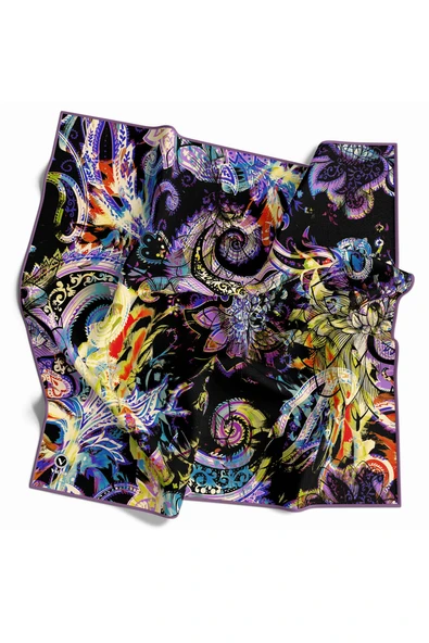 Twill Şal Desenli Lila Renkli 90x90 Eşarp (İpek İçermez) Kenar Dikiş Şekli El Dikişli ürün görseli 1