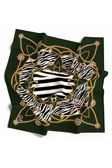Twill Gold Detaylı Zebra Desenli Zümrüt Yeşili Renkli 90x90 Eşarp (İpek İçermez) Kenar Dikiş Şekli El Dikişli ürün görseli 1