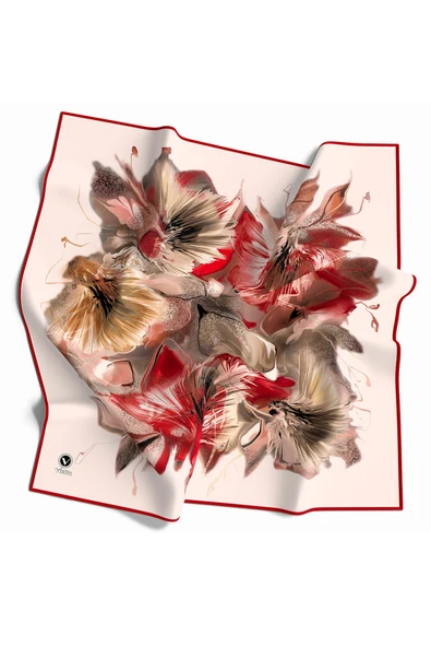 Twill Çiçek Desenli Bordo - Bej Renkli 90x90 Eşarp (İpek İçermez) Kenar Dikiş Şekli El Dikişli ürün görseli 1