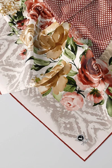 Twill Çiçek Desenli Taba Renkli 90x90 Eşarp (İpek İçermez) Kenar Dikiş Şekli El Dikişli ürün görseli 1