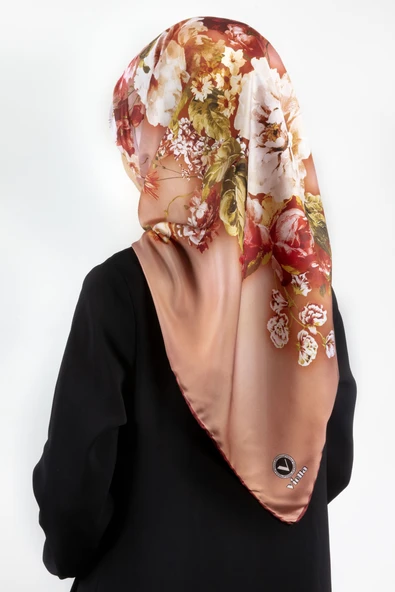 Twill Degradeli Çiçek Desenli Taba Renkli 90x90 Eşarp (İpek İçermez) Kenar Dikiş Şekli El Dikişli ürün görseli 1