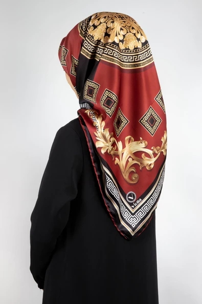 Twill Barok Desenli Bordo Renkli 90x90 Eşarp (İpek İçermez) Kenar Dikiş Şekli El Dikişli ürün görseli 1