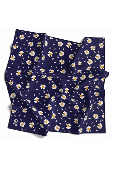 Twill Papatya Desenli Lacivert Renkli 90x90 Eşarp (İpek İçermez) Kenar Dikiş Şekli El Dikişli ürün görseli 1