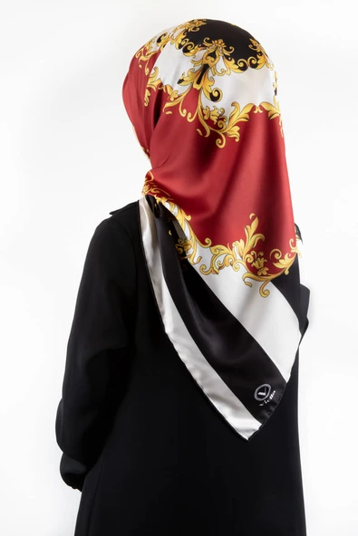 Twill Çizgili Barok Desenli Kırmızı Renkli 90x90 Eşarp (İpek İçermez) ürün görseli 1