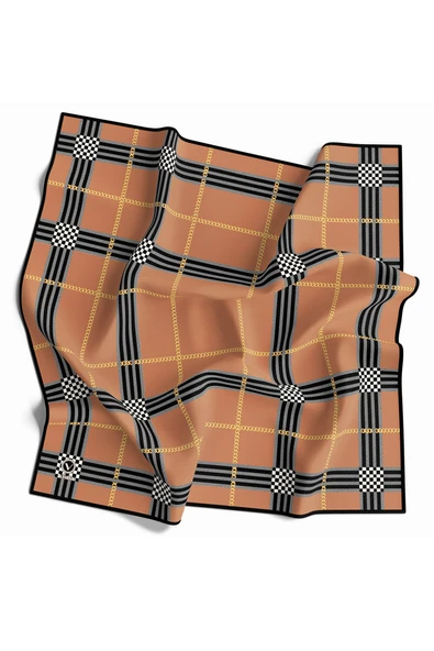 Twill Ekose Desenli Somon Renkli 90x90 Eşarp (İpek İçermez) Kenar Dikiş Şekli El Dikişli ürün görseli 1