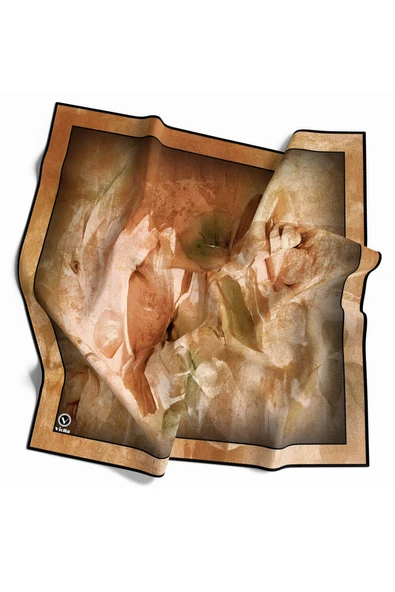 Twill Sulu Boyalı Çiçek Desenli Taba Renkli 90x90 Eşarp (İpek İçermez) Kenar Dikiş Şekli El Dikişli ürün görseli 1