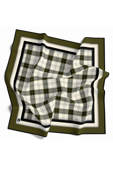 Twill Ekose Desenli Haki Renkli 90x90 Eşarp (İpek İçermez) Kenar Dikiş Şekli El Dikişli ürün görseli 1