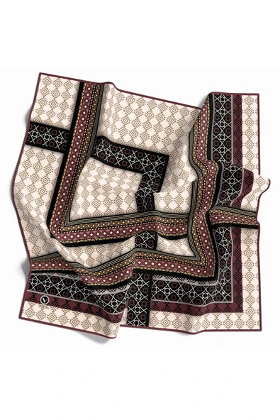 Twill Etnik Desenli Gül Kurusu Renkli 90x90 Eşarp (İpek İçermez) Kenar Dikiş Şekli El Dikişli ürün görseli 1