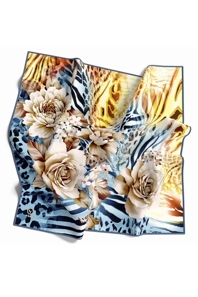Twill Renkli Şerit Desenli İndigo - Sarı Renkli 90x90 Eşarp (İpek İçermez) Kenar Dikiş Şekli El Dikişli ürün görseli 1