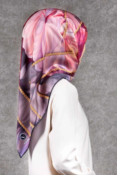 Twill Gül Desenli Pudra - Bebe Mavisi Renkli 90x90 Eşarp (İpek İçermez) Kenar Dikiş Şekli El Dikişli ürün görseli 1