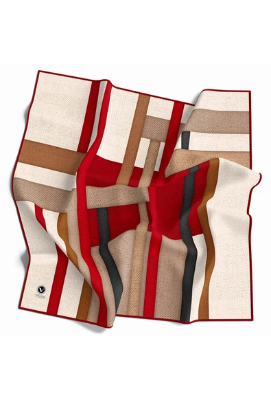 Twill Renkli Şerit Desenli Bordo Renkli 90x90 Eşarp (İpek İçermez) Kenar Dikiş Şekli El Dikişli ürün görseli 1