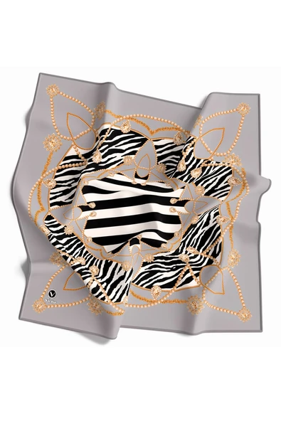 Twill Gold Detaylı Zebra Desenli Gümüş Renkli 90x90 Eşarp (İpek İçermez) Kenar Dikiş Şekli El Dikişli ürün görseli 1