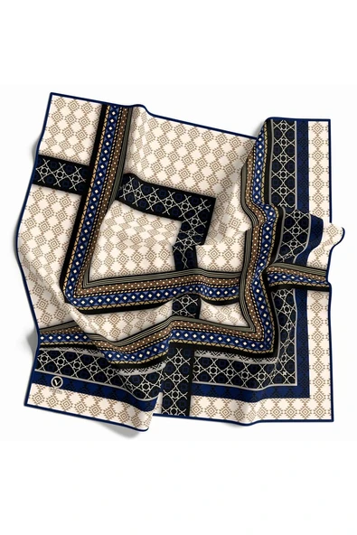 Twill Etnik Desenli Lacivert Renkli 90x90 Eşarp (İpek İçermez) Kenar Dikiş Şekli El Dikişli ürün görseli 1