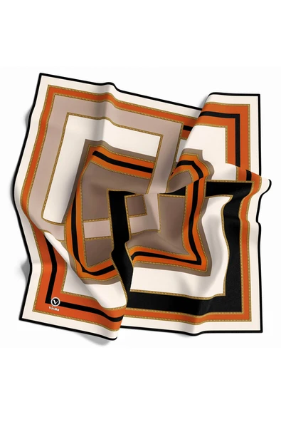 Twill Çerçeve Desenli Siyah - Taba Renkli 90x90 Eşarp (İpek İçermez) Kenar Dikiş Şekli El Dikişli ürün görseli 1