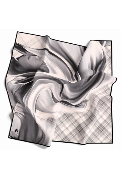 Twill Dalga ve Ekose Desenli Gri Renkli 90x90 Eşarp (İpek İçermez)Kenar Dikiş Şekli El Dikişli ürün görseli 1