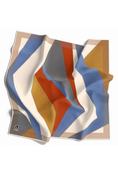 Twill Geometrik Desenli Taba - İndigo Renkli 90x90 Eşarp (İpek İçermez) Dikim Şekli : El Dikişi ürün görseli 1