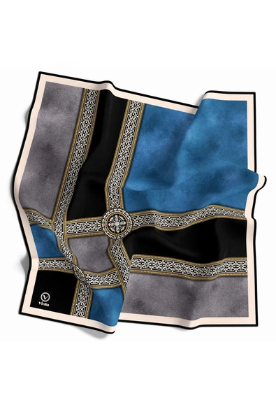 Twill Geometrik Desenli Turkuaz Renkli 90x90 Eşarp (İpek İçermez) Kenar Dikiş Şekli El Dikişli ürün görseli 1
