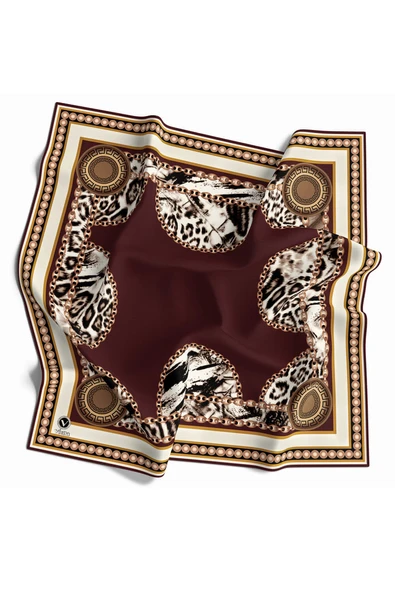Kristal  Zincirli Leopar Desenli Bordo Renkli 90x90 Eşarp (İpek İçermez) Kenar Dikiş Şekli El Dikişli ürün görseli 1