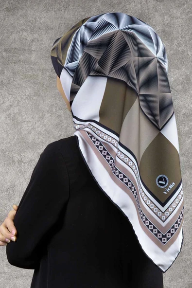 Twill Geometrik Desenli Bej - Krem Renkli 90x90 Eşarp (İpek İçermez) Kenar Dikiş Şekli El Dikişli ürün görseli 1