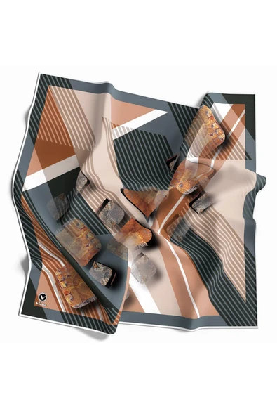 Twill Çizgili ve Geometrik Desenli Somon Renkli 90x90 Eşarp (İpek İçermez) Kenar Dikiş Şekli El Dikişli ürün görseli 1
