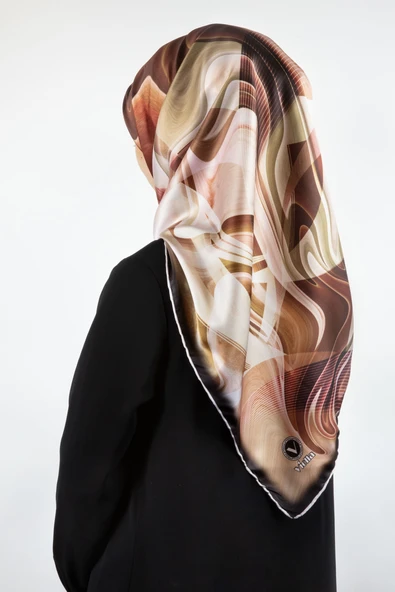 Twill Soyut Dalga Desenli Hardal Renkli 90x90 Eşarp (İpek İçermez) Dikim Şekli : El Dikişi ürün görseli 1