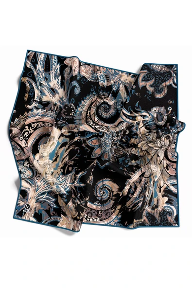 Twill Şal Desenli Petrol Yeşili Renkli 90x90 Eşarp (İpek İçermez) Kenar Dikiş Şekli El Dikişli ürün görseli 1