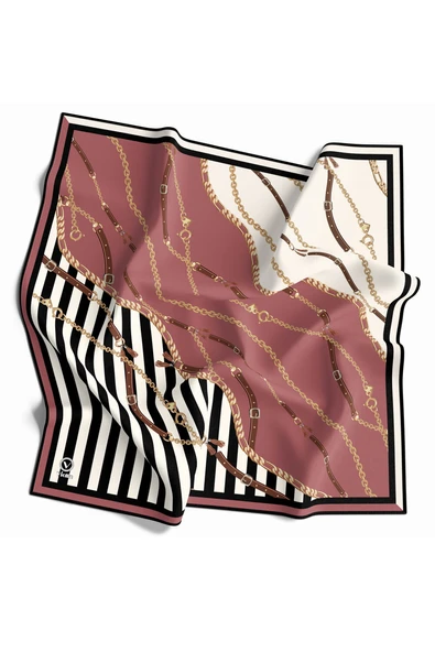 Twill Çizgili Zincir ve Kemer Desenli Pudra Renkli 90x90 Eşarp (İpek İçermez) Kenar Dikiş Şekli El Dikişli ürün görseli 1