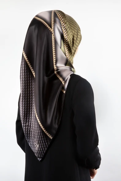 Rayon Gold Detaylı Geometrik Desenli Haki Renkli 90x90 Eşarp (İpek İçermez) Kenar Dikiş Şekli El Dikişli ürün görseli 1