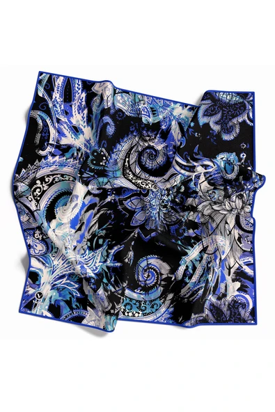 Twill Şal Desenli Saks Renkli 90x90 Eşarp (İpek İçermez) Kenar Dikiş Şekli El Dikişli ürün görseli 1