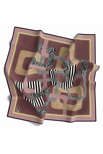 Twill Geometrik Desenli Pudra Renkli 90x90 Eşarp (İpek İçermez) Kenar Dikiş Şekli El Dikişli ürün görseli 1
