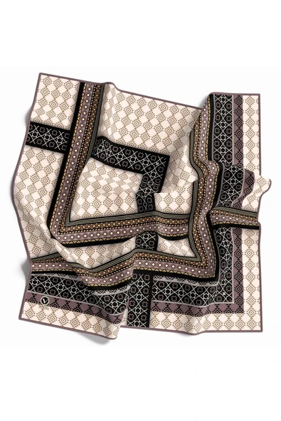 Twill Etnik Desenli Taş Renkli 90x90 Eşarp (İpek İçermez) Kenar Dikiş Şekli El Dikişli ürün görseli 1