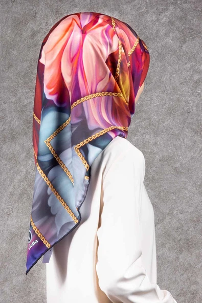 Twill Gül Desenli Kırmızı - Bebe Mavisi Renkli 90x90 Eşarp (İpek İçermez) Kenar Dikiş Şekli El Dikişli ürün görseli 1