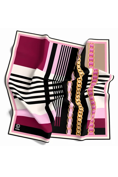 Rayon Zincirli Çizgi Desenli Pembe Renkli 90x90 Eşarp (İpek İçermez) Kenar Dikiş Şekli El Dikişli ürün görseli 1