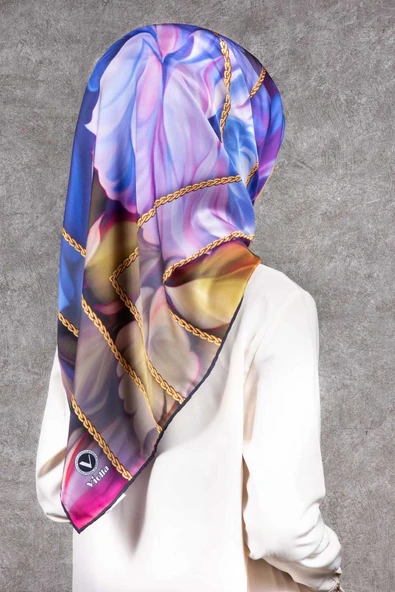 Twill Gül Desenli Saks - Pembe Renkli 90x90 Eşarp (İpek İçermez) Kenar Dikiş Şekli El Dikişli ürün görseli 1