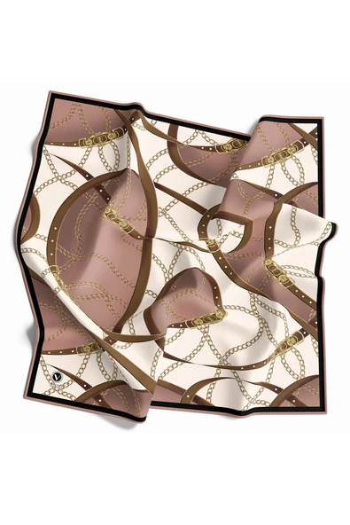 Twill Kemer ve Zincir Desenli Pudra Renkli 90x90 Eşarp (İpek İçermez) Kenar Dikiş Şekli El Dikişli ürün görseli 1