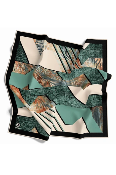 Twill Dalgalı Geometrik Desenli Petrol Yeşili Renkli 90x90 Eşarp (İpek İçermez) Kenar Dikiş Şekli El Dikişli ürün görseli 1