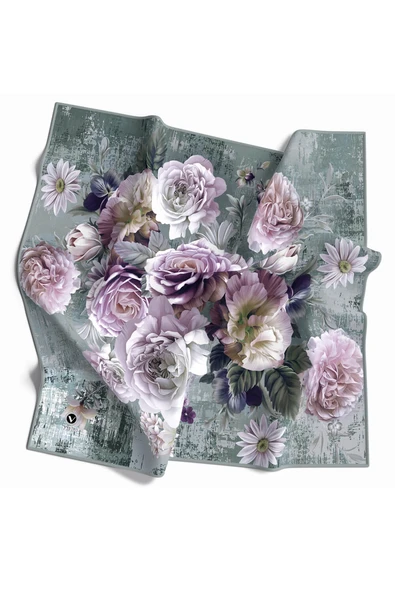 Rayon Büyük Çiçek Desenli Mint Yeşili Renkli 90x90 Eşarp (İpek İçermez) Kenar Dikiş Şekli El Dikişli ürün görseli 1