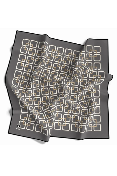 Twill Geometrik Desenli Gri Renkli 90x90 Eşarp (İpek İçermez) Kenar Dikiş Şekli El Dikişli ürün görseli 1