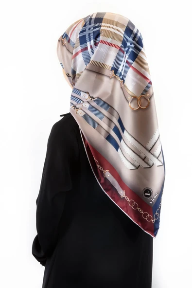 Twill Ekoseli Ve Zincir Desenli Bordo - Lacivert Renkli 90x90 Eşarp (İpek İçermez) Dikim Şekli : El Dikişi ürün görseli 1