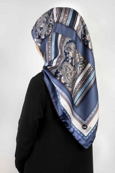 Twill Şal Desenli İndigo - Gri Renkli 90x90 Eşarp (İpek İçermez) Kenar Dikiş Şekli El Dikişli ürün görseli 1