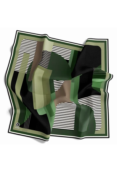 Twill Çizgili Ve Geometrik Desenli Zümrüt Yeşili Renkli 90x90 Eşarp (İpek İçermez) Kenar Dikiş Şekli El Dikişli ürün görseli 1