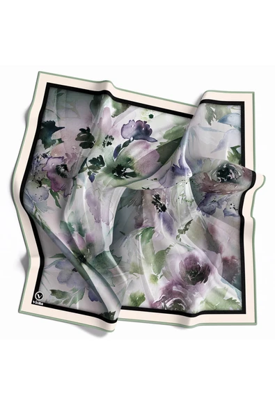 Rayon Sulu Boyalı Çiçek Desenli Mint Yeşili Renkli 90x90 Eşarp (İpek İçermez) Kenar Dikiş Şekli El Dikişli ürün görseli 1