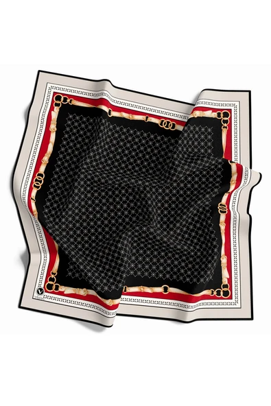 Twill Kemerli ve Çıtır Motifli Desenli Siyah Renkli 90x90 Eşarp (İpek İçermez) Dikim Şekli : El Dikişi ürün görseli 1