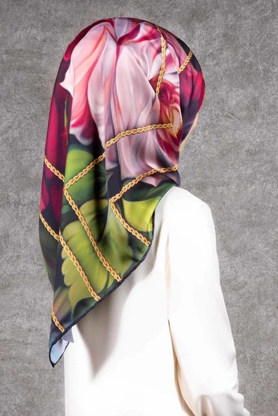 Twill Gül Desenli Şarabi - Haki Renkli 90x90 Eşarp (İpek İçermez) Kenar Dikiş Şekli El Dikişli ürün görseli 1