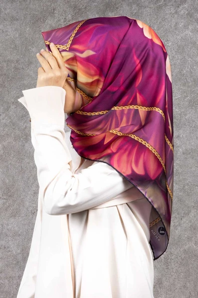 Twill Gül Desenli Fuşya - Somon Renkli 90x90 Eşarp (İpek İçermez) Kenar Dikiş Şekli El Dikişli ürün görseli 1