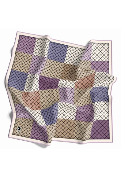 Twill Kare Desenli Lila Renkli 90x90 Eşarp (İpek İçermez) Kenar Dikiş Şekli El Dikişli ürün görseli 1