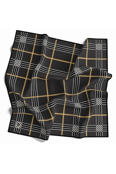 Twill Ekose Desenli Gri Renkli 90x90 Eşarp (İpek İçermez) Kenar Dikiş Şekli El Dikişli ürün görseli 1